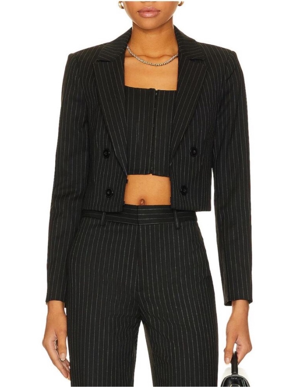ALICE + OLIVIA Mya Crpd Ntch Col Ftd Blzr
in Black Pinstripe